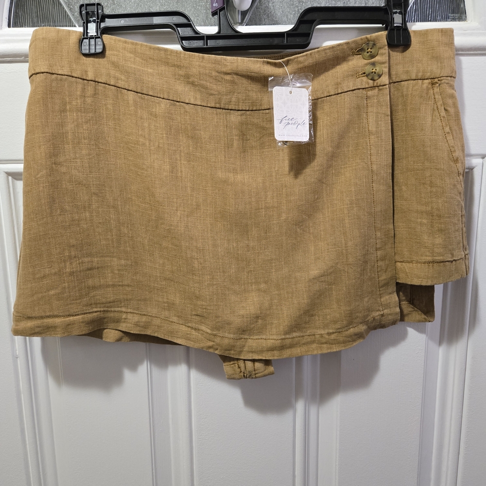 Free People Linen Blend Skort Brown Size 14 NWT Casual Wrap Look Boho Everyday